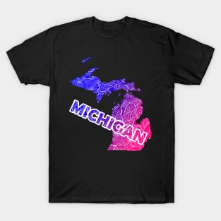 Colorful mandala art map of Michigan with text in blue and violet T-Shirt